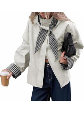 Women's Light Grey Casual Jacket With Plaid Detachable Hood Cropped Trench Coats